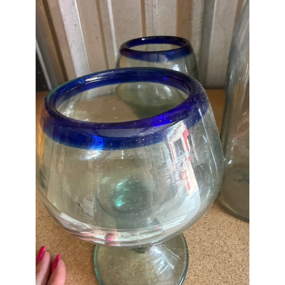 Mexican Hand Blown Glass Set 5pc Cobalt Blue Rim Pitcher and 4 Margarita Glasses - Picture 6 of 9